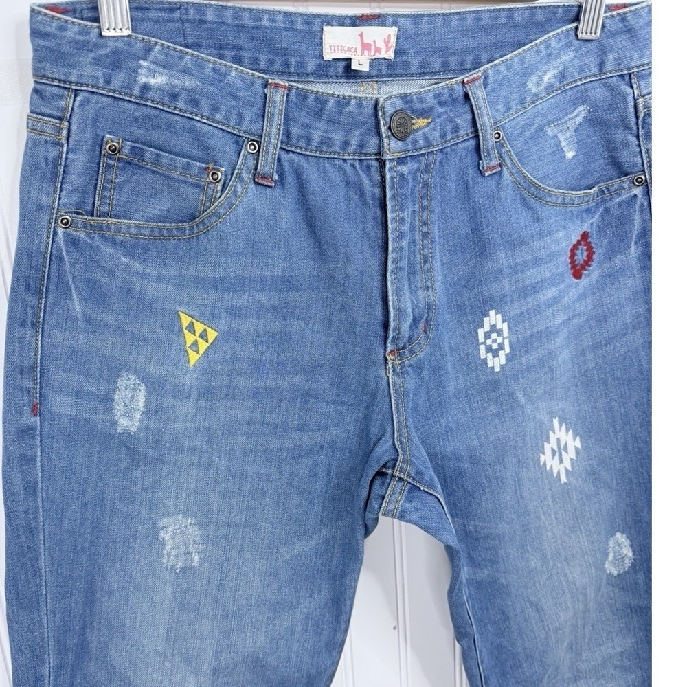 Titicaca Embroidered Distressed Jeans Mens Large Blue Excellent Boho Straight